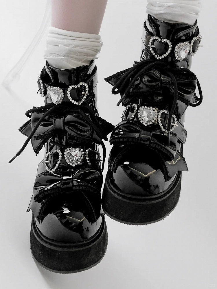 Plateau Stiefeletten Schnallen Jirai Kei Poliert und Schwarz Strass Sweetheart mit