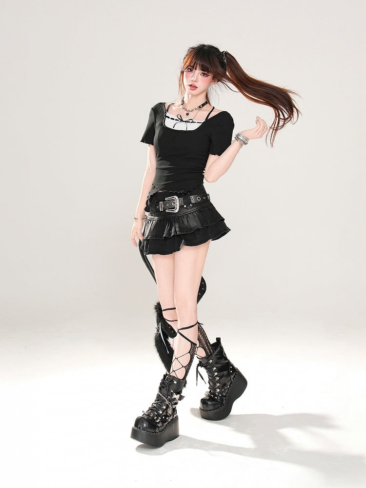 Free Tiered Skirt Belt Buckle Lined with Black Denim Glamorous
