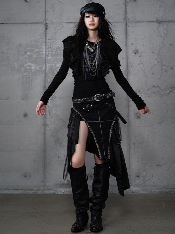 Rock mit Verzierungen PU Taschentuch Saum Punk Gothic Metal Schwarz