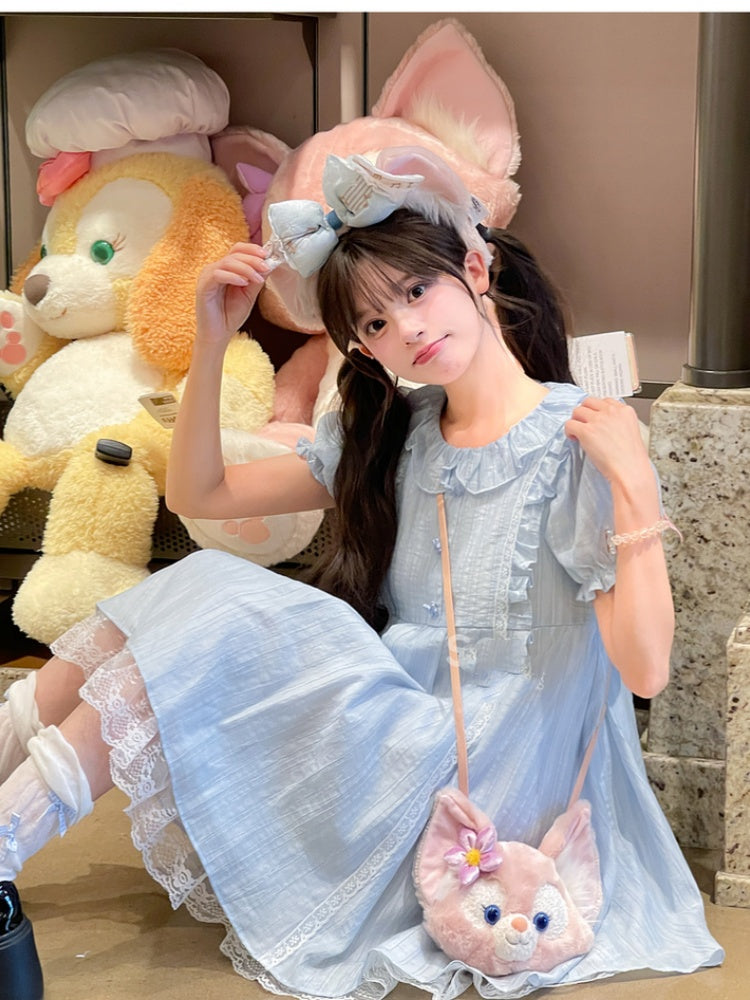 Dress Light Blue Ruffle Collar Puff Sleeves Sweet