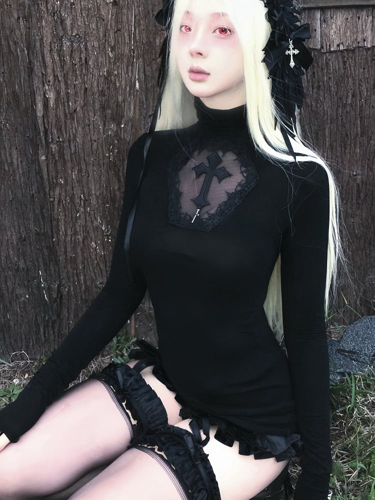 Gothic Schwarzer Sarg Cutout Kreuze Verziert Hochgeschlossenes Langarm Top