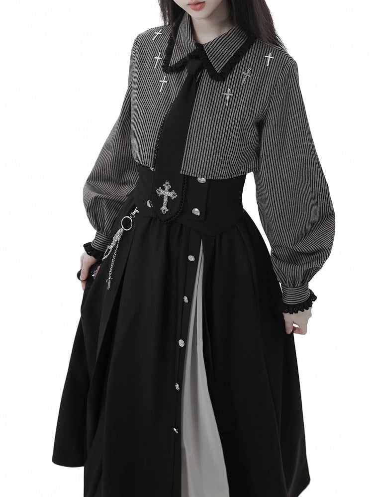 Gray Gothic Cross Black Oversized Shirt Collar Two-Piece Faux Dark Details Stripe Lace and Cuffs with |