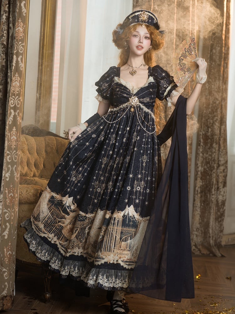 Kleid Empire Print Kette Taille Einhorn mit Perlen Sternen Lolita Blau Dunkel Nacht