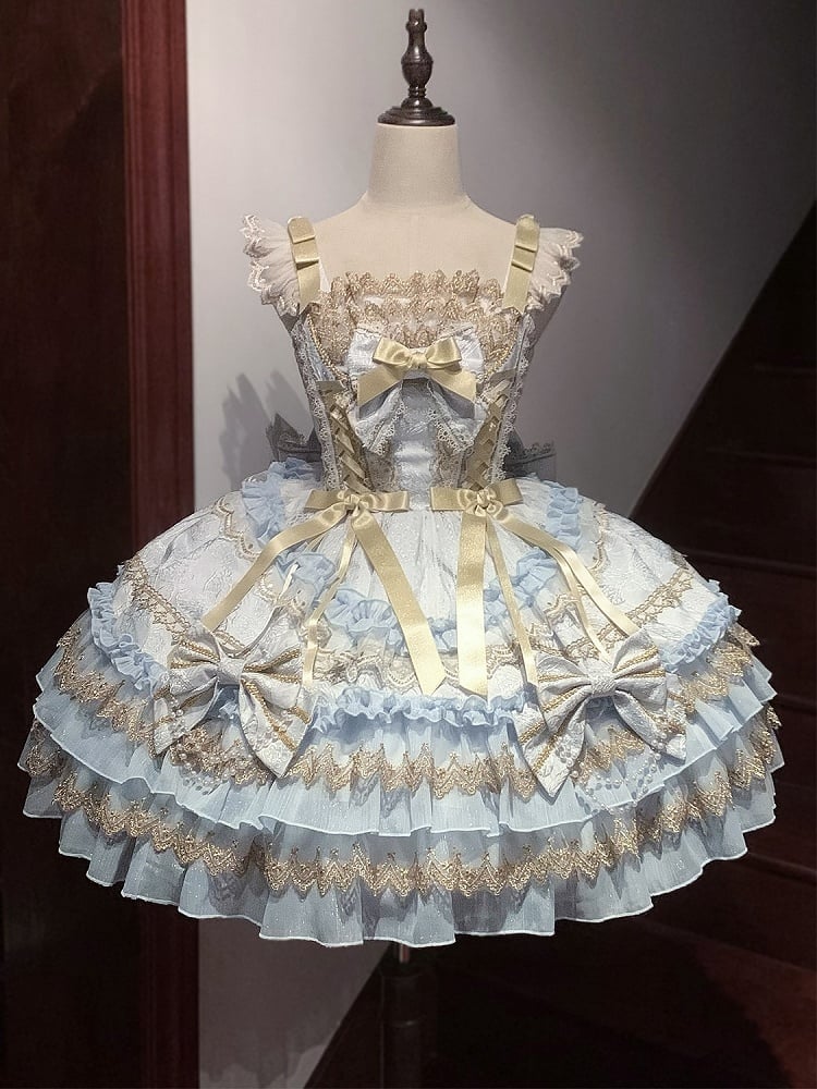 Decorated Lolita Bead Princess Tiered Chain Skirt Dress Bows Blue