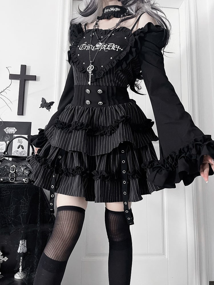 Pattern Off-the-shoulder Letter Neckline Print Bell Black Sleeves Striped Gothic Dress