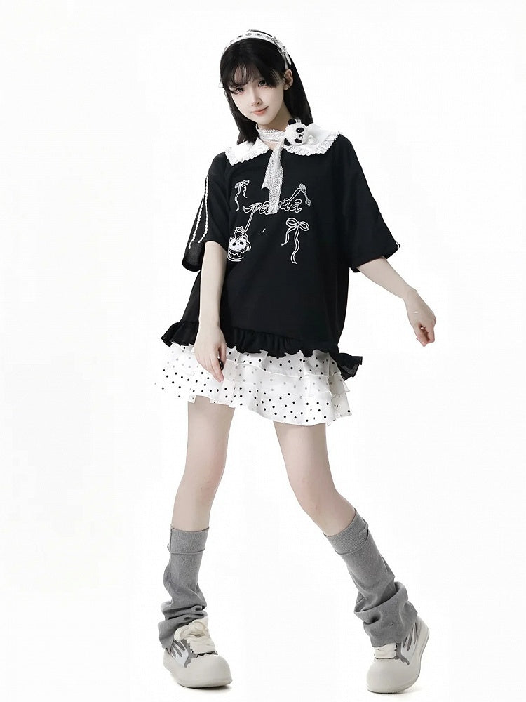 Short/Long Top Sleeves Panda Dessert Print Ruffled Pointed Flat Collar Ruffled Hem Black