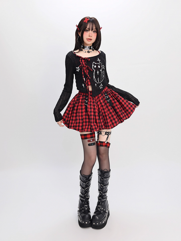 Y2K Coverup Set Plaid Cami Top with Kitten Print Black Red/Gray