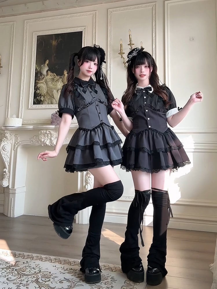 Shorts Gray and Faux Lace-Trimmed Two-Piece Style Jirai Striped Layered Dress Outfit: Kei