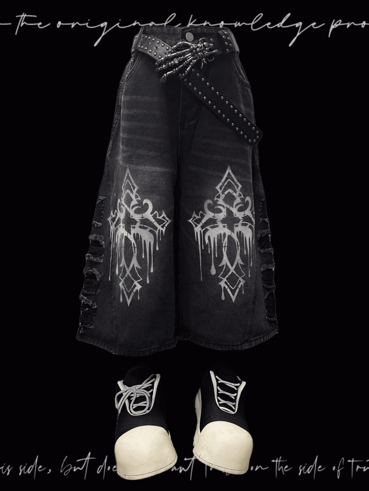 Wide-Leg Jeans Hem Raw Dark Gray Cross Print Distressed Holes