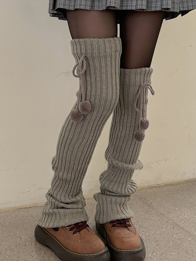 White/Beige/Light Grey/Black Knitted Leg Warmers With Pompons
