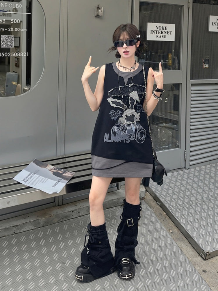 Bittersweet Gray Top Black Applique Tank and Two-pieces Faux Letter Bunny Pattern