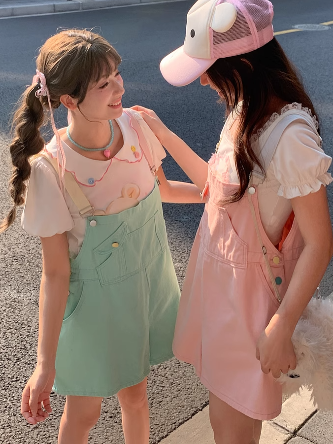 Denim Overall Shorts Green Candy Color Pink/Mint