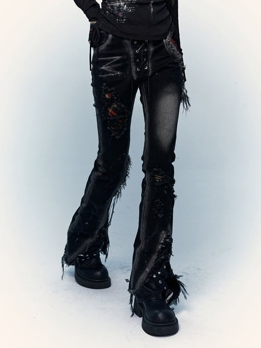 Black Split Cuffs Distressed Flared Jeans with Lace-up