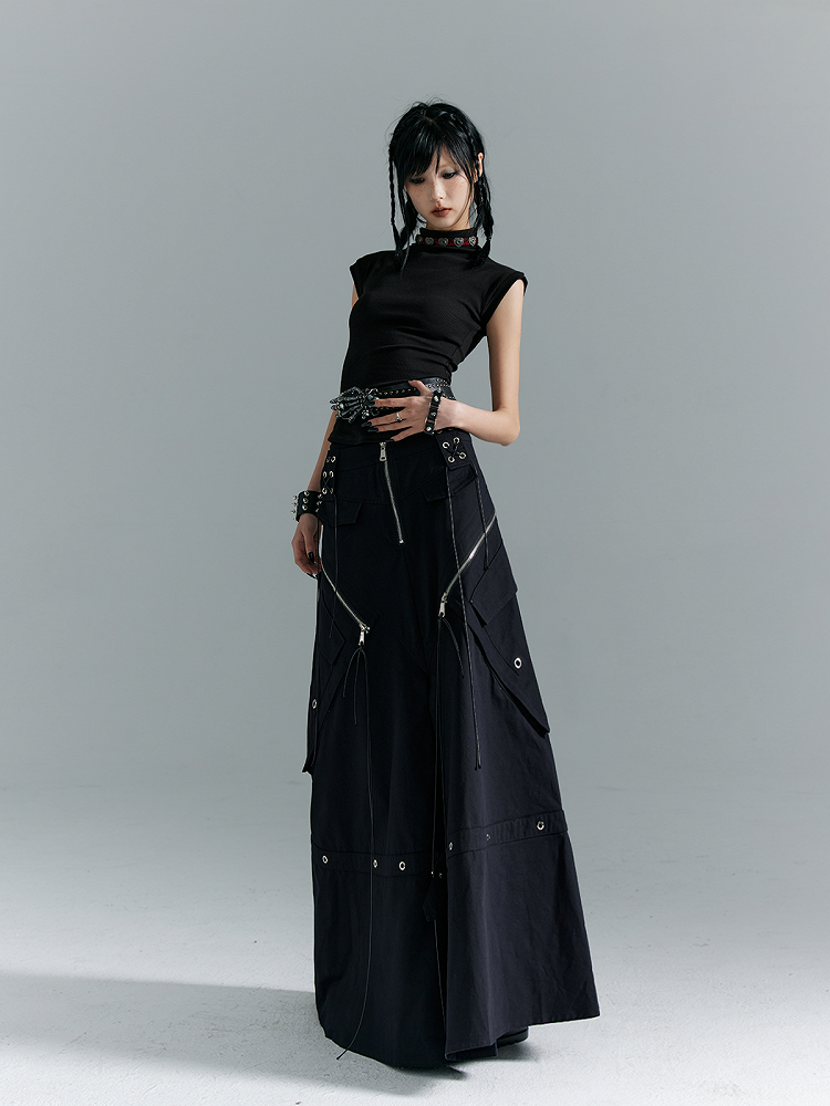 Black A-Line with Buckles Punk Pockets Metal Skirt Zippered