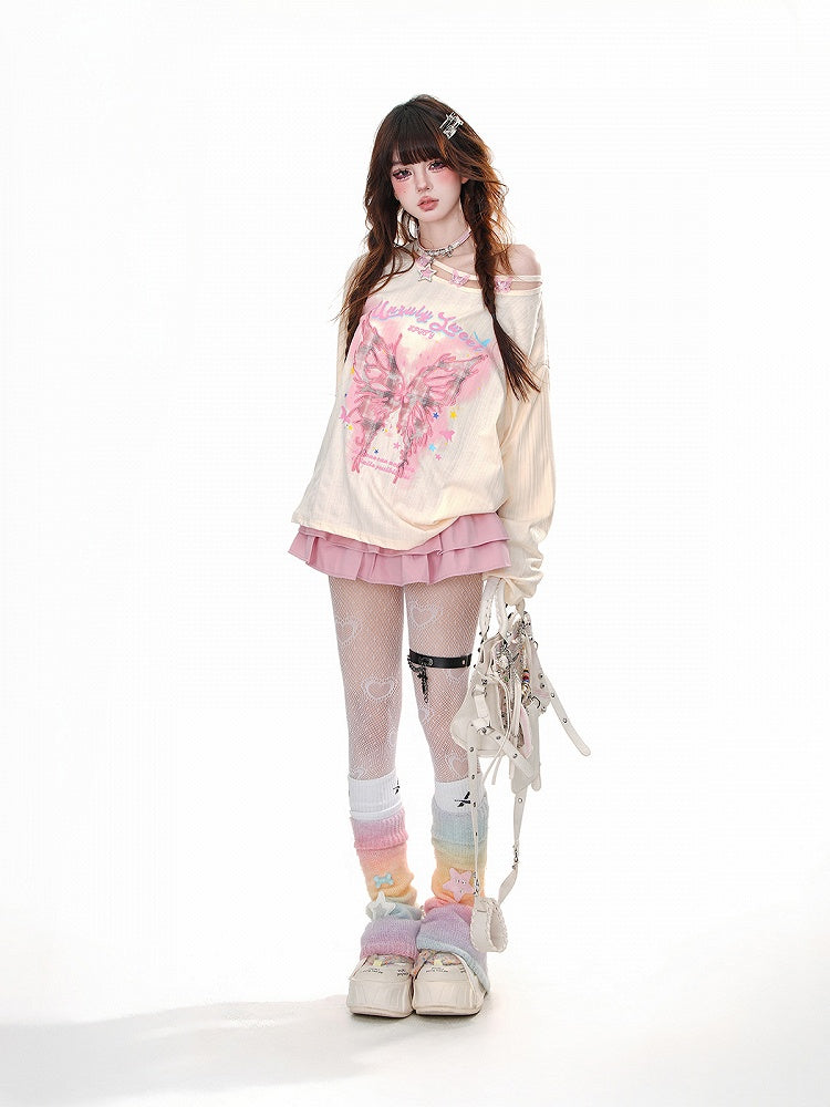 Graphic Pink/Apricot Asymmetrical Neckline Butterfly Embroidered Loose Top
