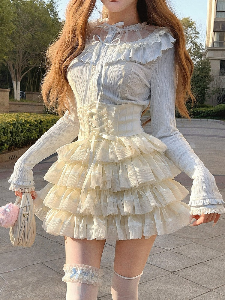 Knit Cardigan Bow Ruffled Lace Blue Vintage
