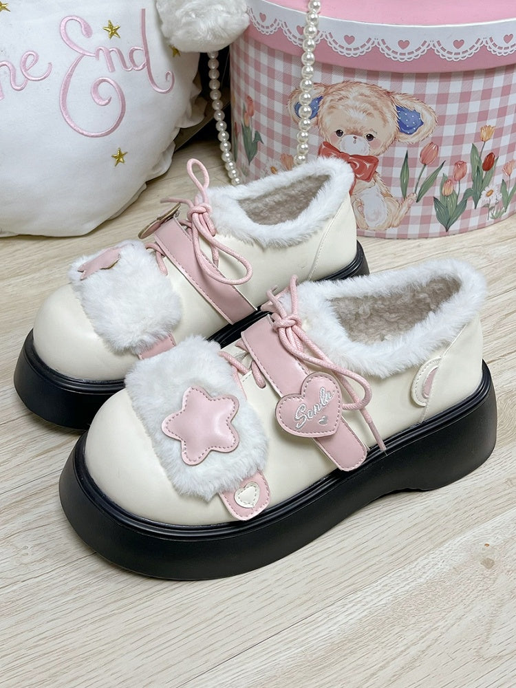 Accents Strap Design Winter Closures Beige Star Lolita Velcro Pink Fleece Lining Sweet Heart Cozy Platforms with