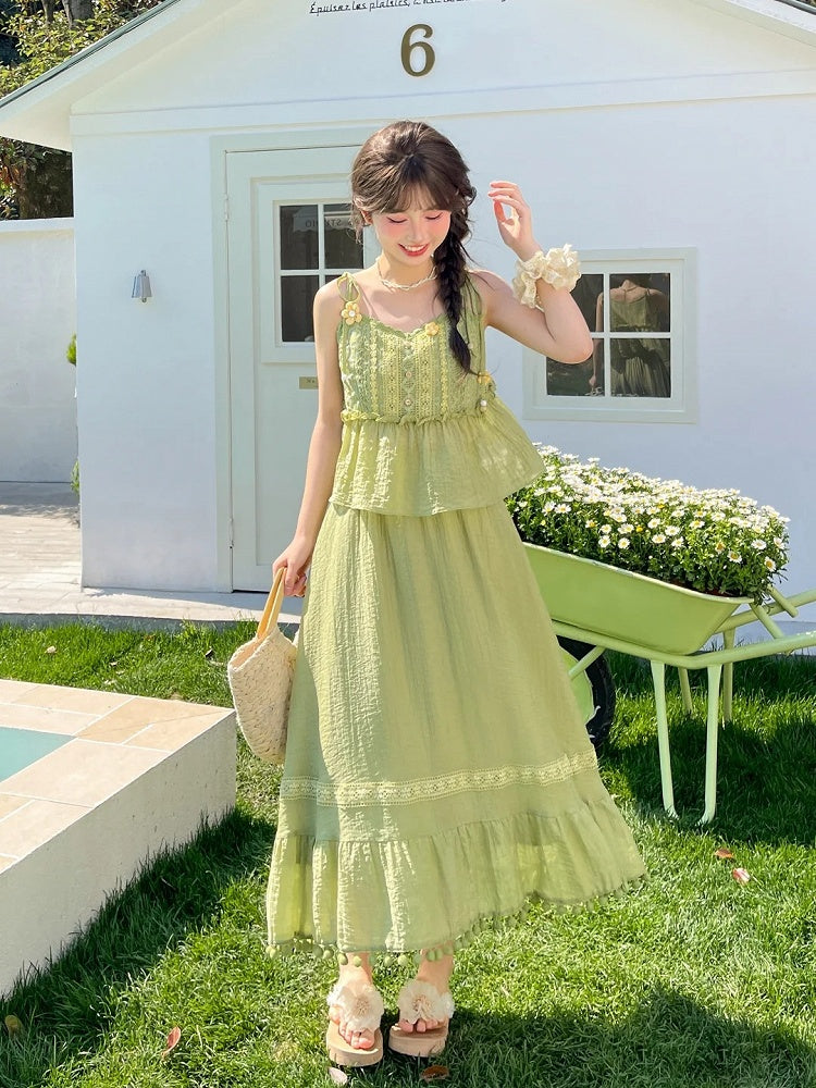 Cami Top Mori Kei Green Knitted Floral Accents