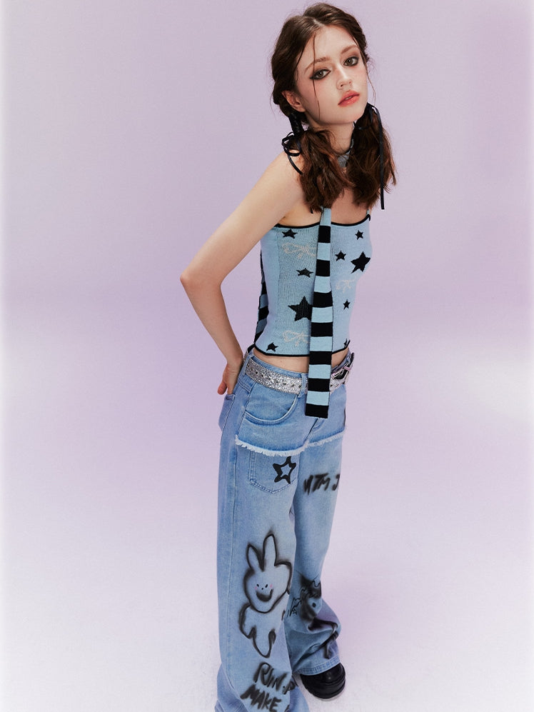 Striped Scarf Y2K Blue Star and Bow Print Cami Top with