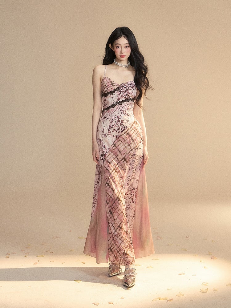 華やかなレースの花柄装飾柄ピンクヒョウ柄トリムスリップドレス