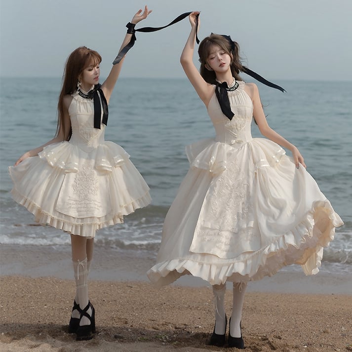 Neck Halter Detail Classic Creamy Dress Lolita Embroidery Backless Delicate