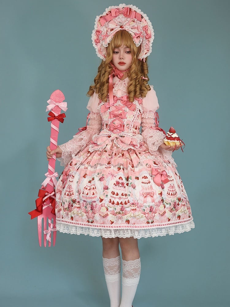 Full Print / Pink Set and JSK Lolita Desserts Sweet Strawberry Bow Accents