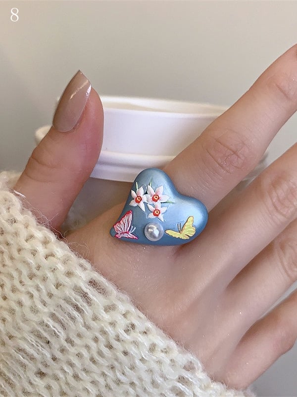 8 Bittersüßer Schmetterling und Ring Blaues Blumendesign Y2K Optionen