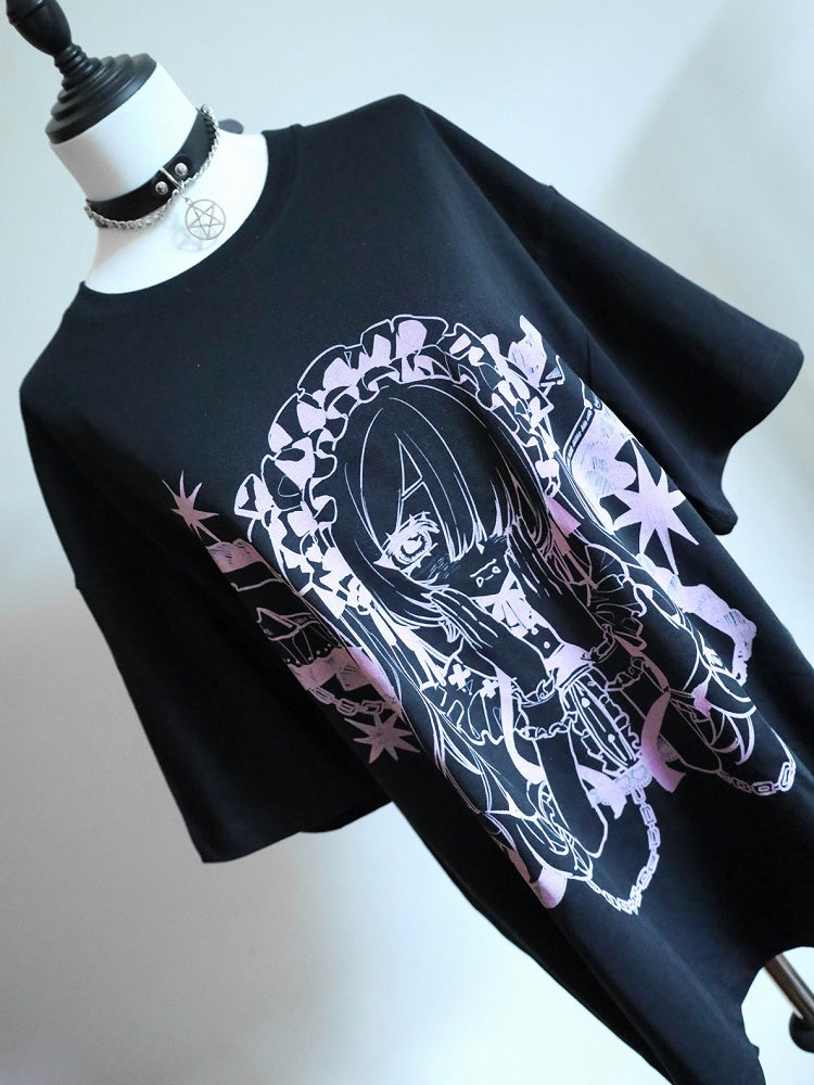 Cartoon Round Print BlackPink T-shirt Jirai Kei Neck Girl