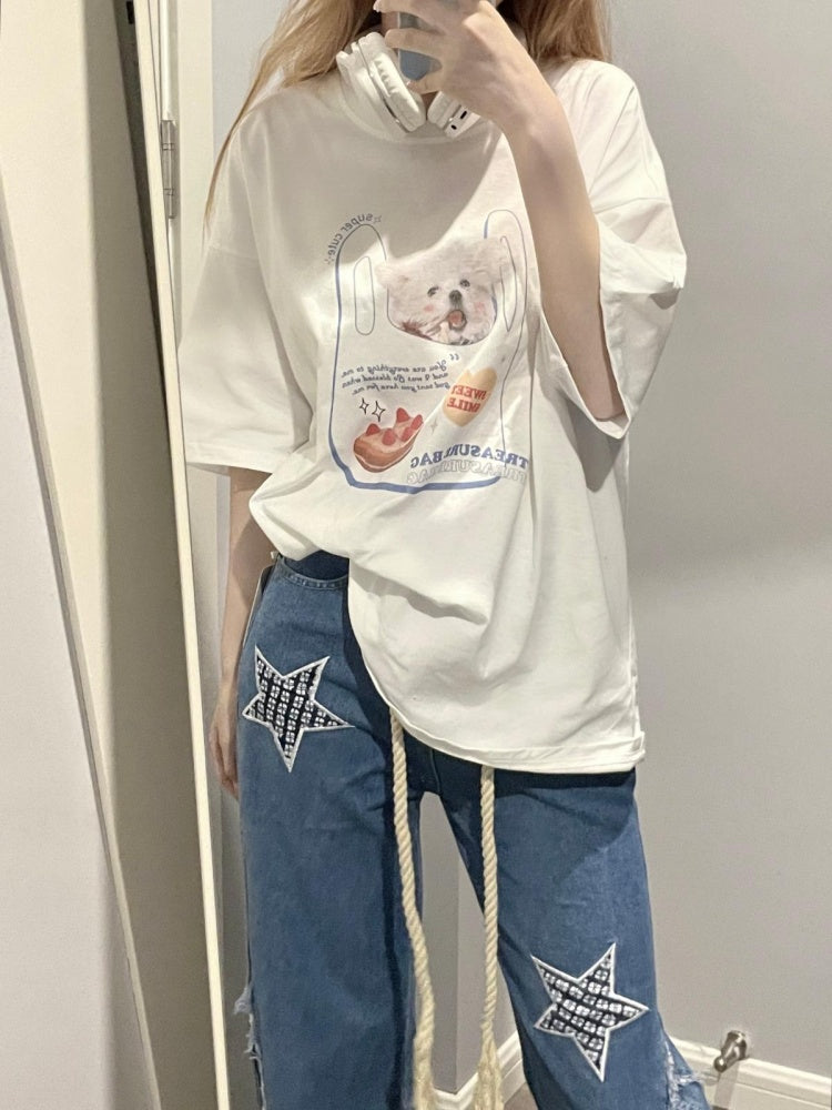 Weißes T-Shirt mit süßem Welpen-Print