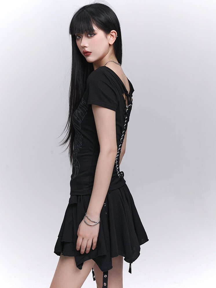 Asymmetrical Hem Tiered Skirt with Black Serpentine Belt