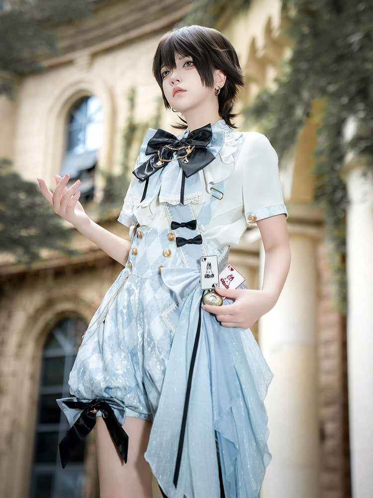 + Ouji Lolita Vibes Blue Alice in Shirt Outfit - White Wonderland