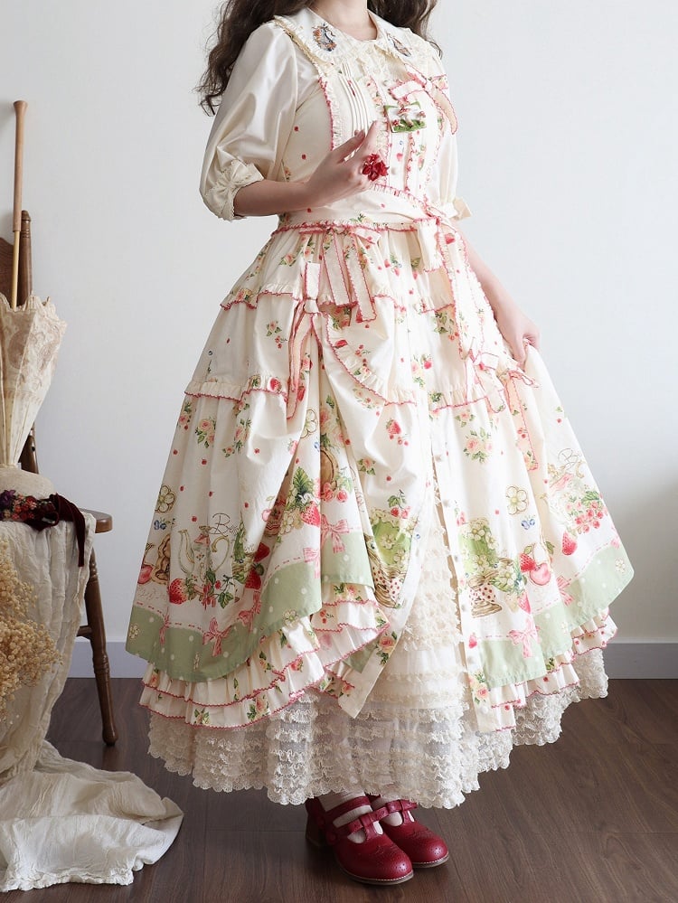 Bunny Lolita Green Dress Print Hemline Fashion House Pink Floral and