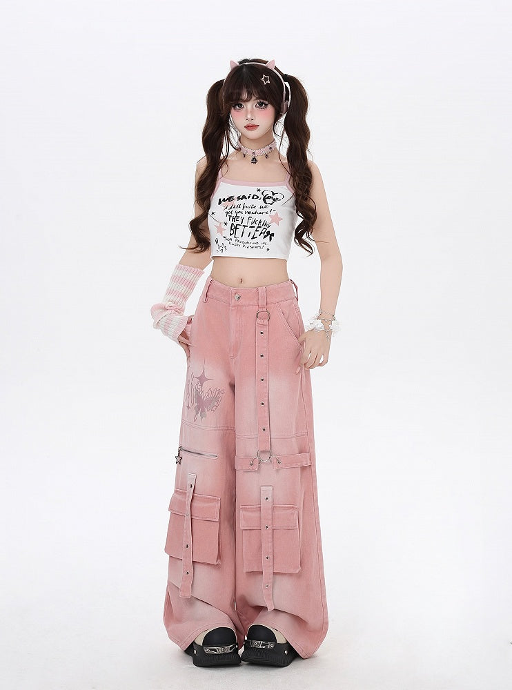 Print Strap Details Vintage Jeans Wide-Leg Cargo Pink Butterfly