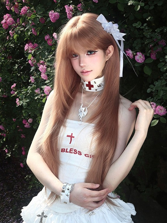 With 86CM Straight Bangs Length Wig Champagne Air