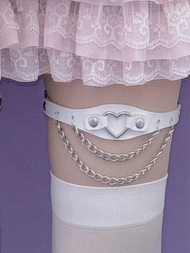 Heart Decorated Chain Glamorous PU Black/Pink/White Leg Charm Loop Studs Y2K