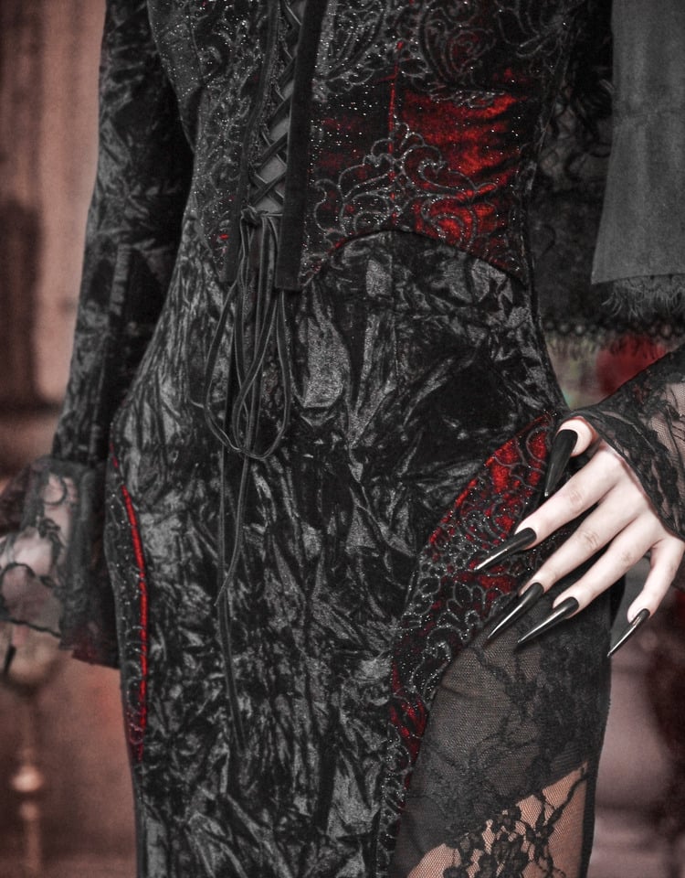 Wings Romantic Velvet and Shaped Lace Neckline Bat Vampire Dress Goth Mermaid