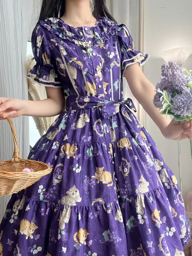 Short Grape Kitty Sleeves Print One Pink Dress Lolita and Piece House Purple Fashion