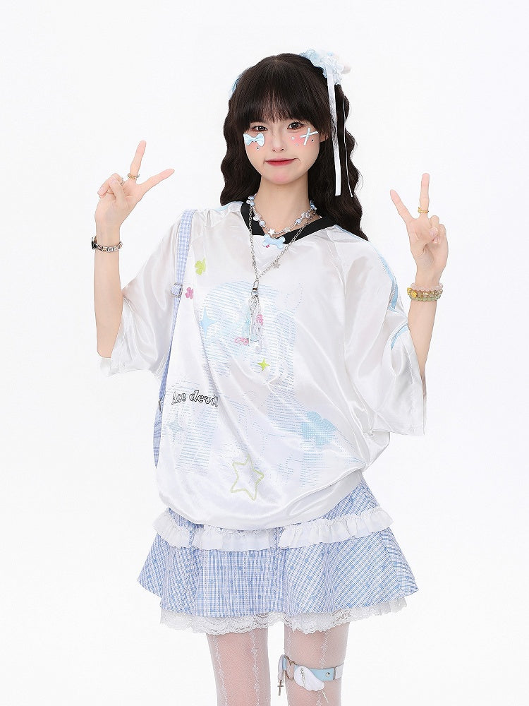 Blue/Pink Oversized Satin Short Sleeve T-Shirt with Clover