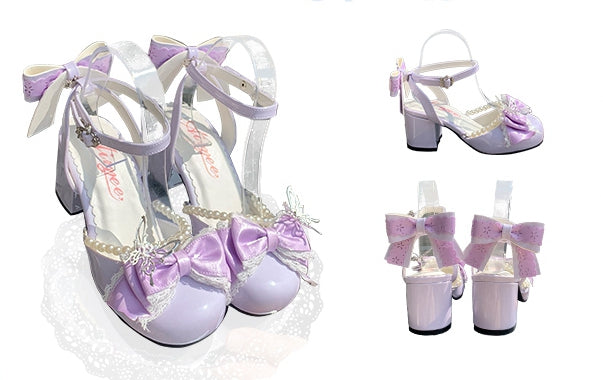 Mary Lolita Heels 6CM Accent Janes und Schleife Kettenblock Lila Perle Süß Abnehmbar