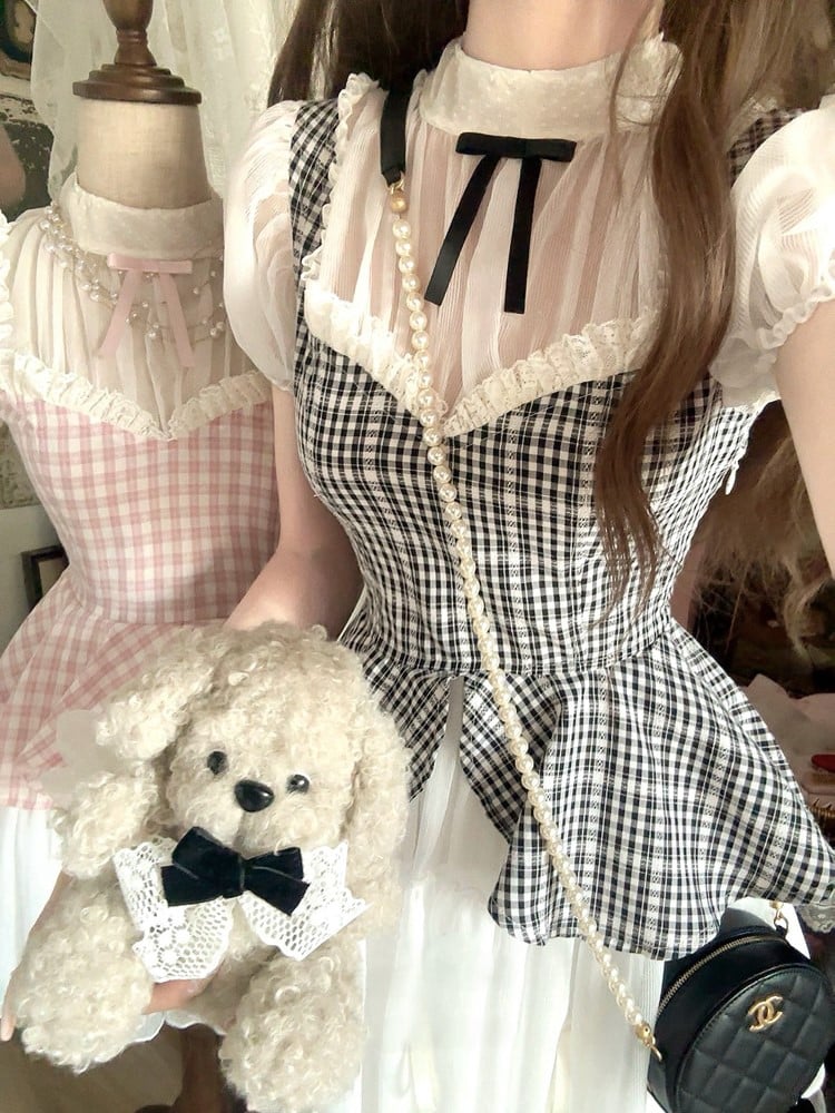 Kleid Muster Plaid Schwarz Faux Weiß Zwei-Stück Mit