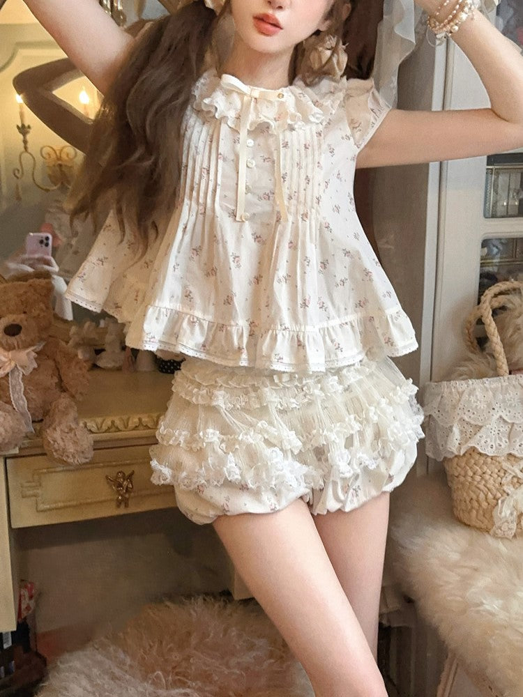 Dollcore Bluse Beige Blumen Rüschenbesatz Print Mit