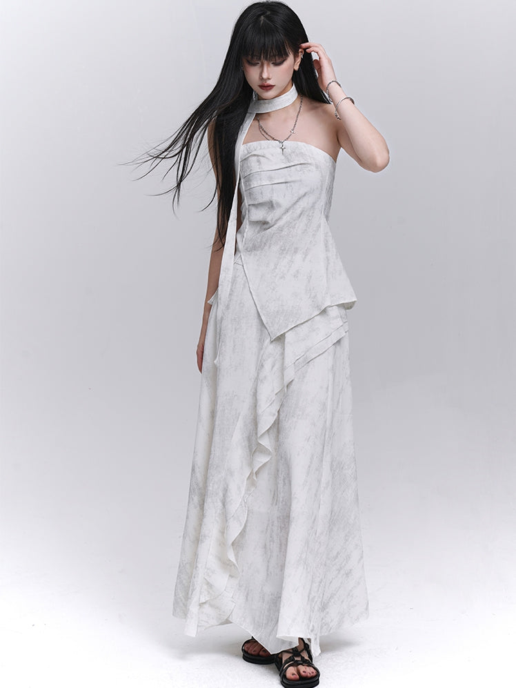 Off-white Side Strapless Top / Elastic Waist Scarf Slit with