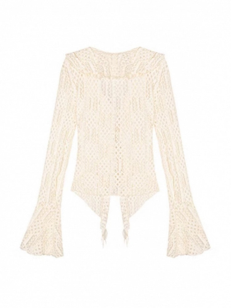 Beige Wasteland Cardigan with Bell Sleeves Punk Lace V-Neck Ruffled