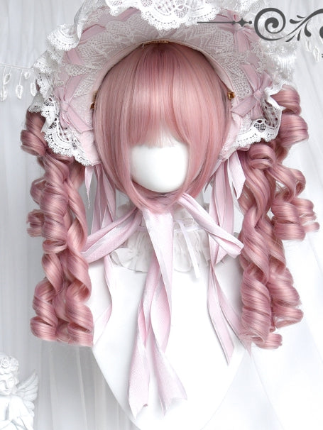 With + Clips Wigs Bangs Pink Curly Short Claw Ponytails Two Roman