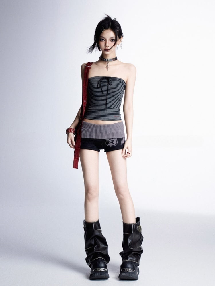 Strapless/Sleeveless Top and Gray Stripes Glamorous Cropped Black