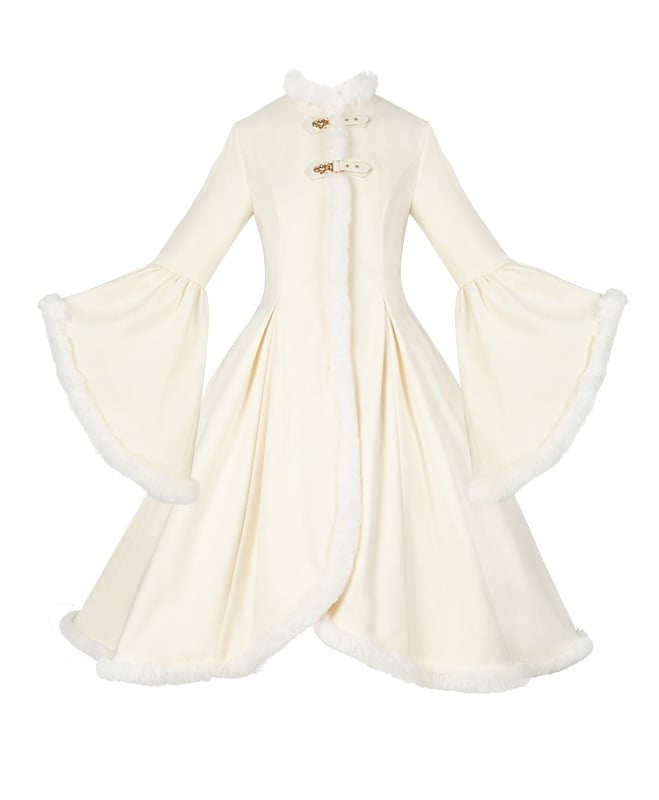 Wollmantel mit Fleecefutter und Plüschbesatz in Off-White