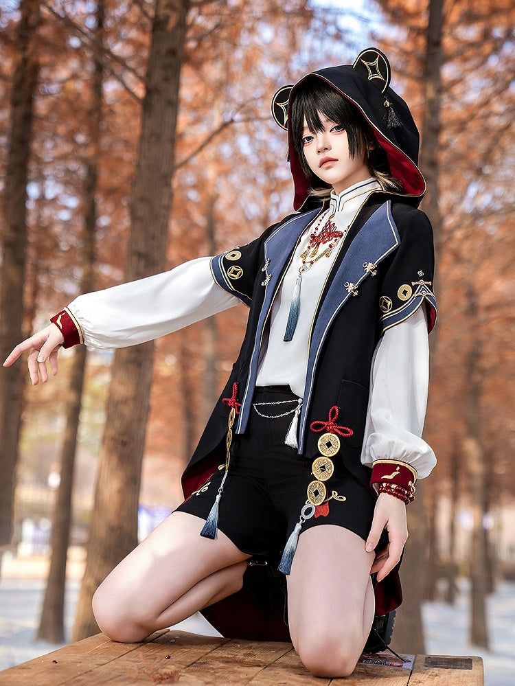 Manteau à capuche en ouji noir avec pièces de cuivre et oreilles de panda