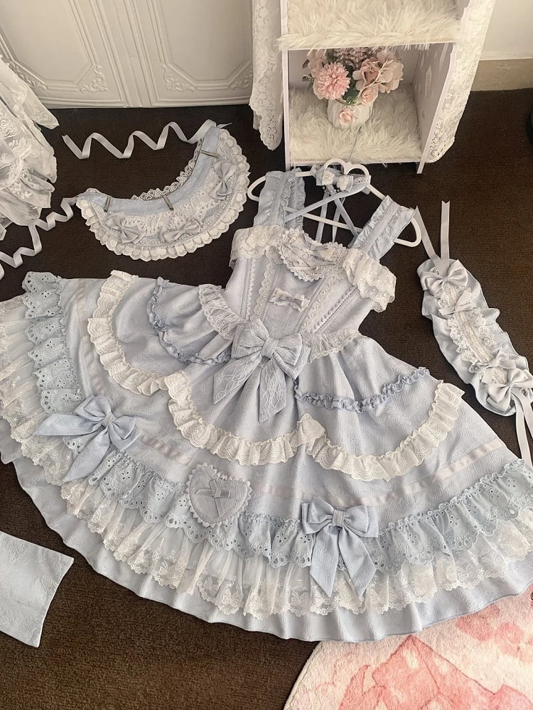 Blau-weißes Old School Lolita-Kleid mit Schleifen und herzförmiger Dekoration, Prinzessinnen-Lolita-Pulloverrock