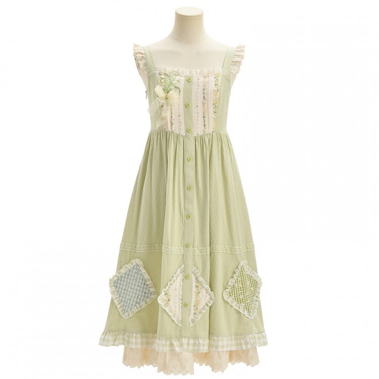 Mori Kei Green Floral Applique Sleeveless Dress