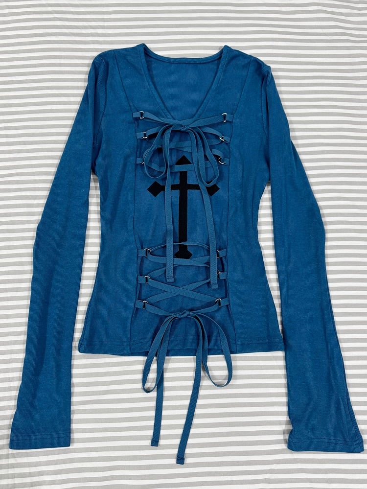 Front with Alternative Fashion Lace-up Klein Blue Cross Long Sleeve Top Details